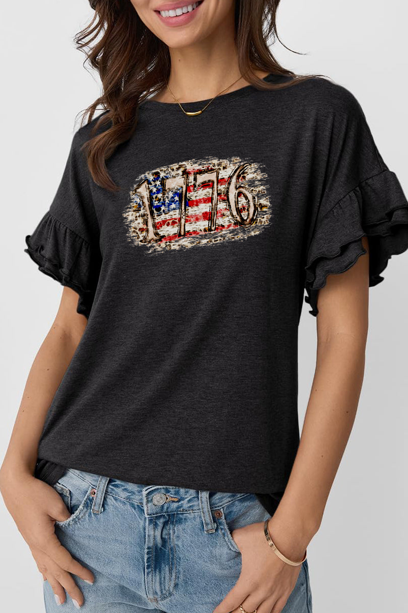 Vintage Cotton Tee 1776 Patriotic Ruffle Sleeve Top