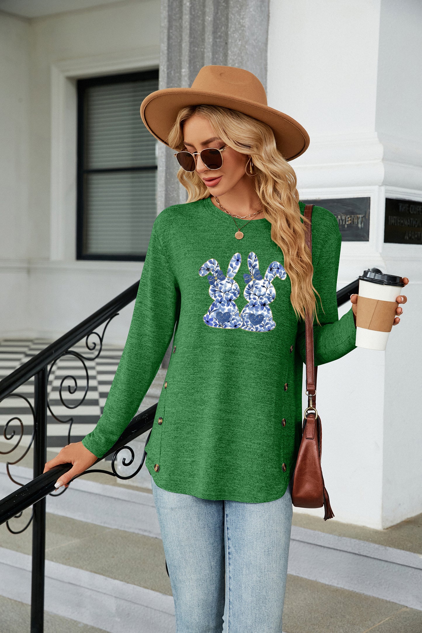 Cute Easter Bunny Graphic Crewneck Long Sleeve Top