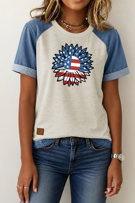 Denim Patchwork Flag Graphic Tee Casual