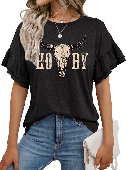 Howdy Cow Skull Graphic Ruffle Sleeve Western Tee