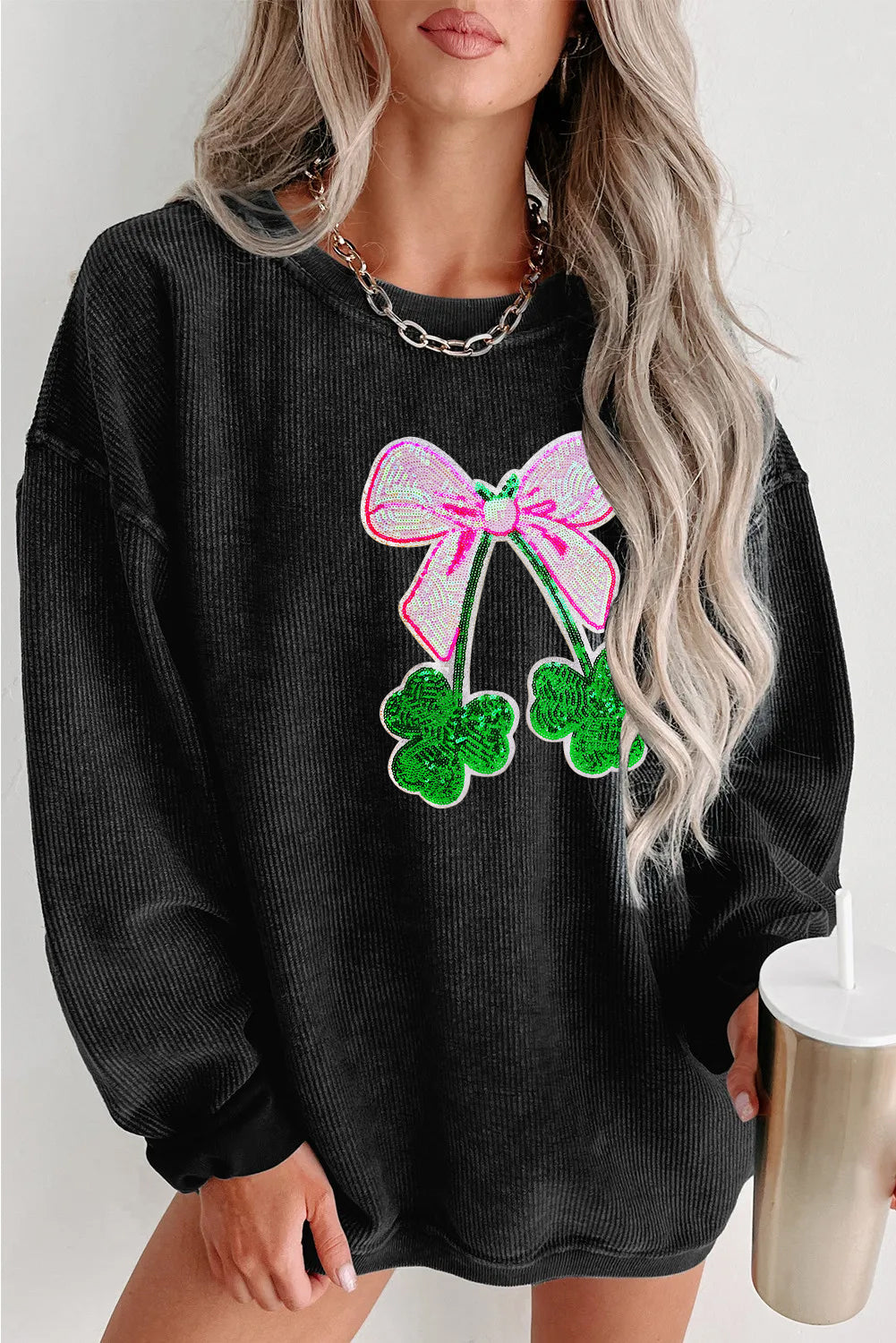 Saint Patrick’s Day Sequin Bow Clover Graphic Sweatshirt