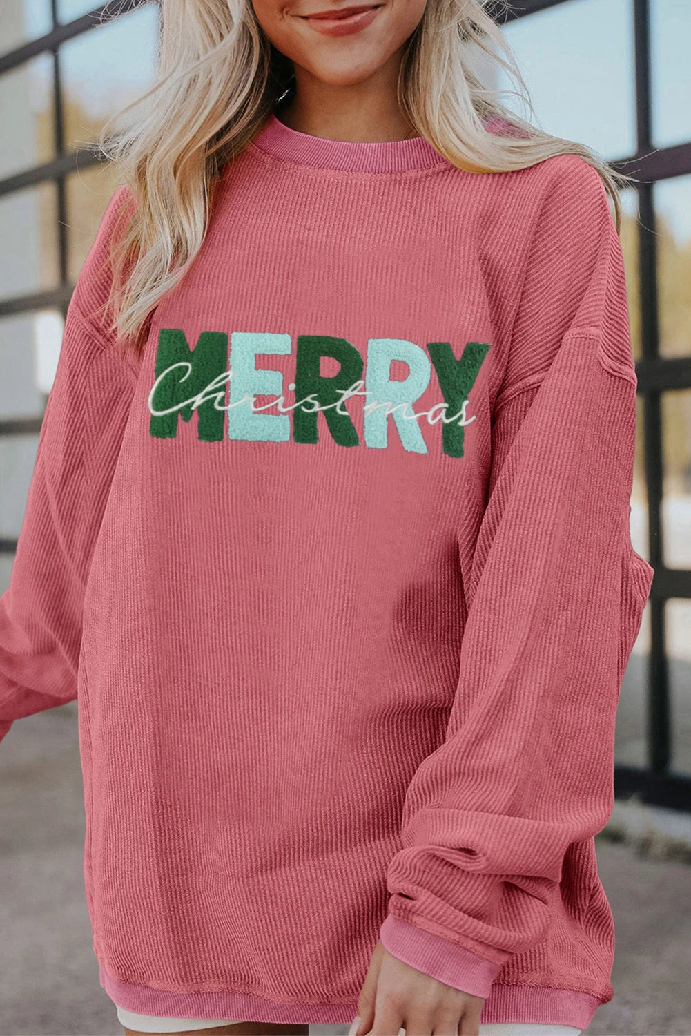 Racing Red MERRY Christmas Chenille Embroidered Corded Sweatshirt