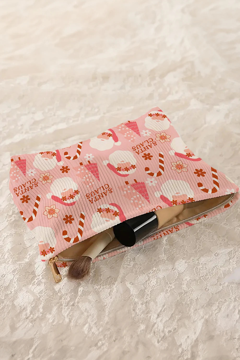 Pink Christmas Fashion Print Corduroy Zip Up Cosmetic Bag