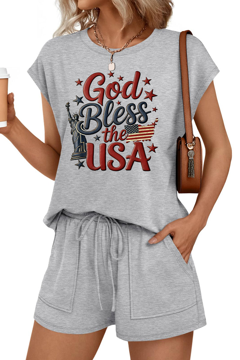 God Bless USA Graphic Tee and Shorts Set Fourth of July Casual Outfit
