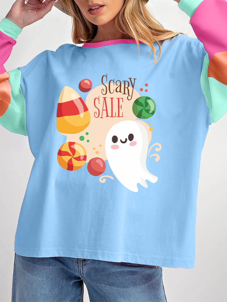 Color Block Ghost Candy Halloween Graphic Long Sleeve Tee