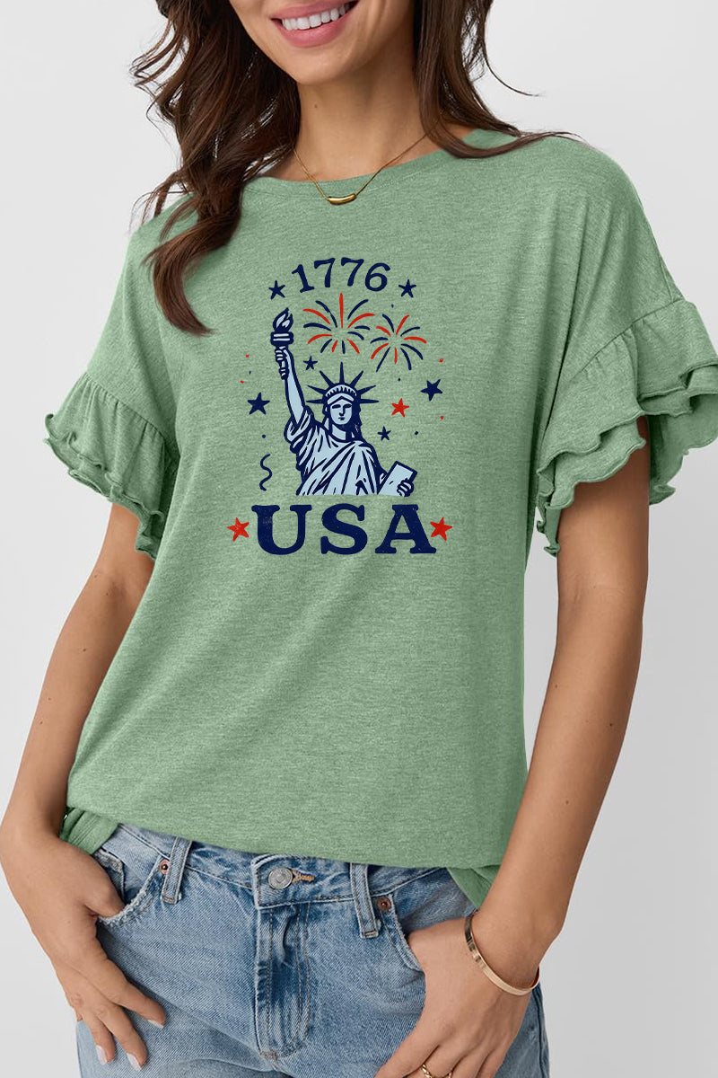 Patriotic Cotton Tee USA Graphic Ruffle Sleeve Top