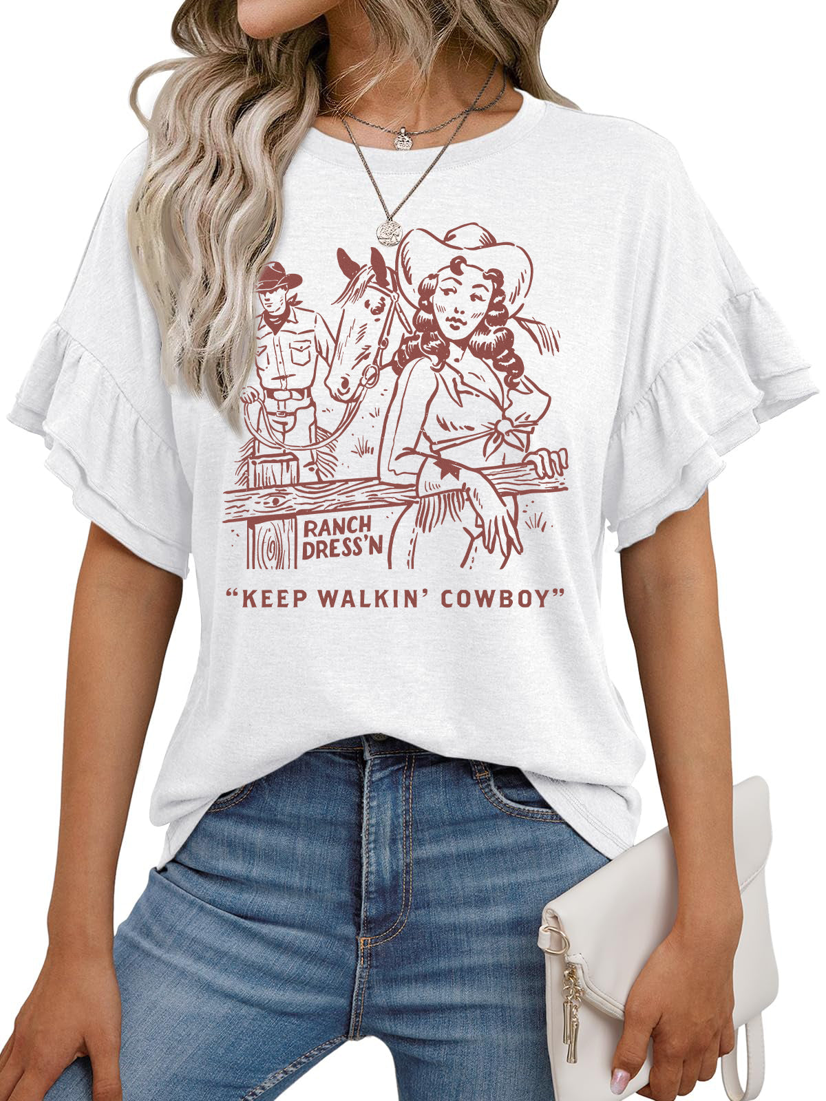 Western Cowgirl Graphic Ruffle Sleeve Casual Tee Top