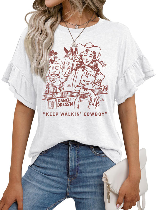 Western Cowgirl Graphic Ruffle Sleeve Casual Tee Top