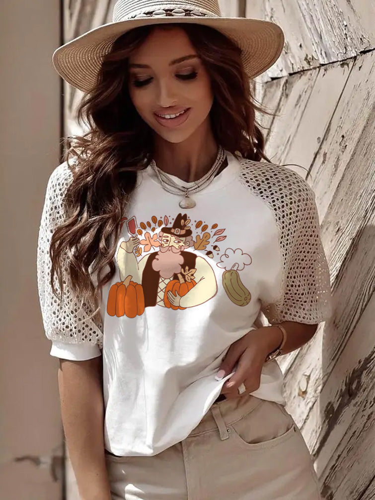 Thanksgiving Pilgrim Pumpkin Graphic Crochet Sleeve Tee