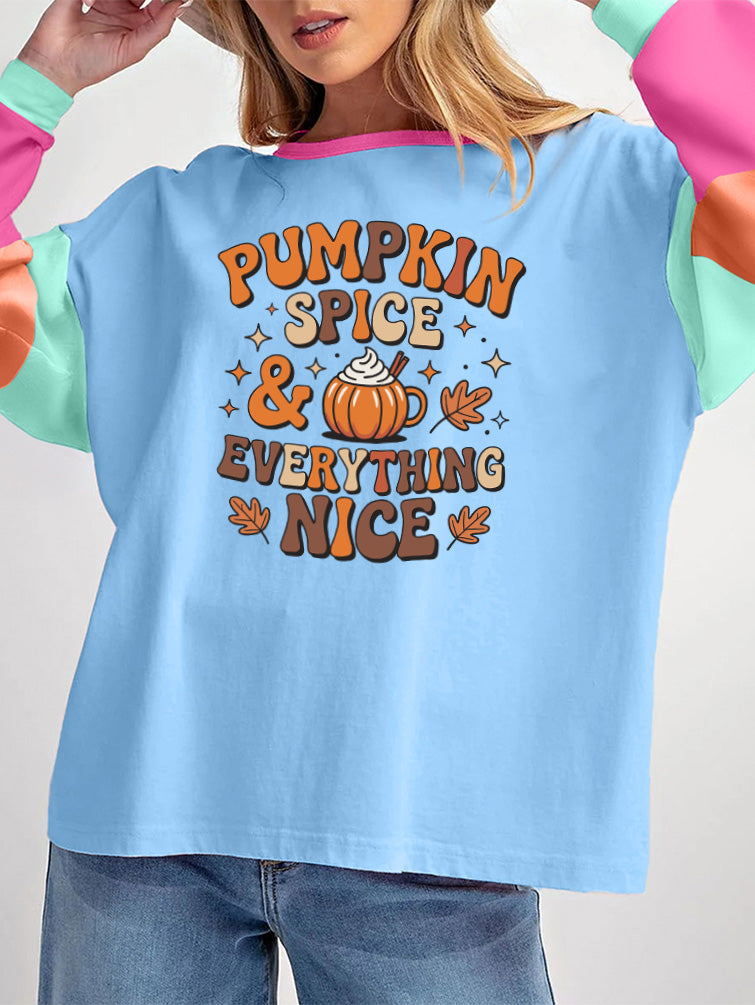 Thanksgiving Pumpkin Color Block Long Sleeve Tee