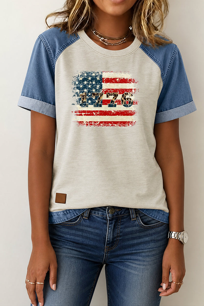 Vintage USA Flag Graphic Tee Denim Patchwork Raglan Top