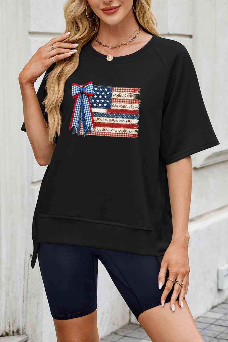 USA Flag Bow Graphic Tee Women 4th July Patriotic Top