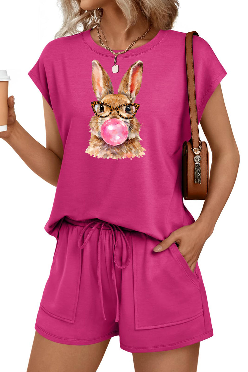 Easter Bunny Graphic Two Piece Shorts Set Women Spring