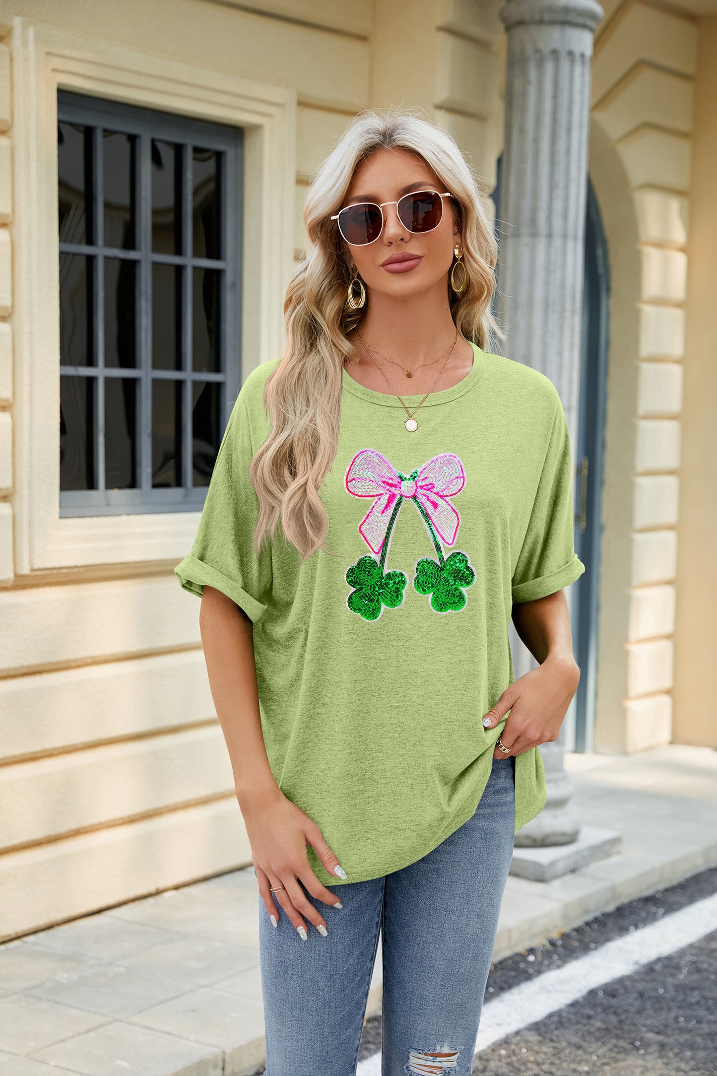 St Patrick’s Day Sequin Bow Clover Graphic Tee