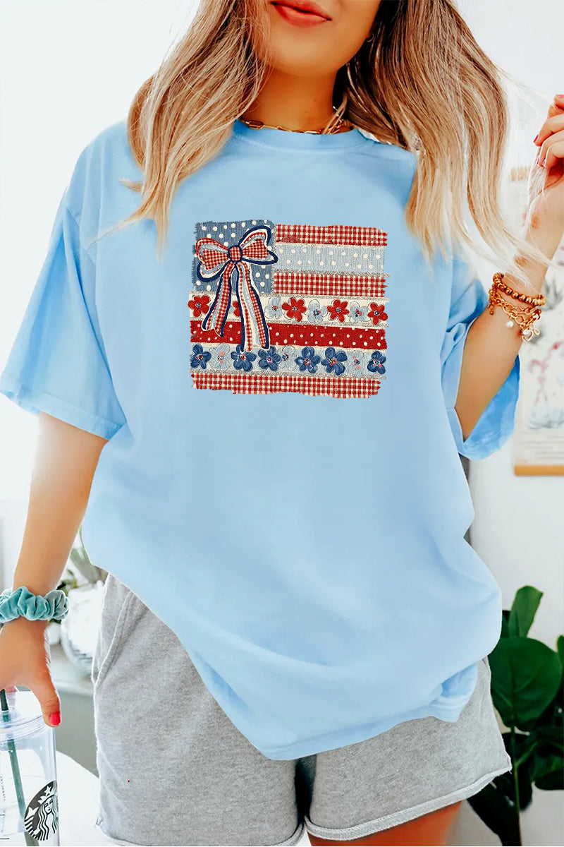 USA Bow Flag Graphic Tee Women Patriotic Summer Top