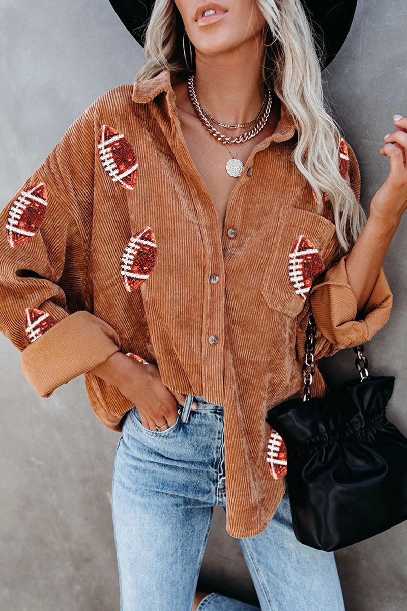 Game Day Football Patch Corduroy Button Up Shacket