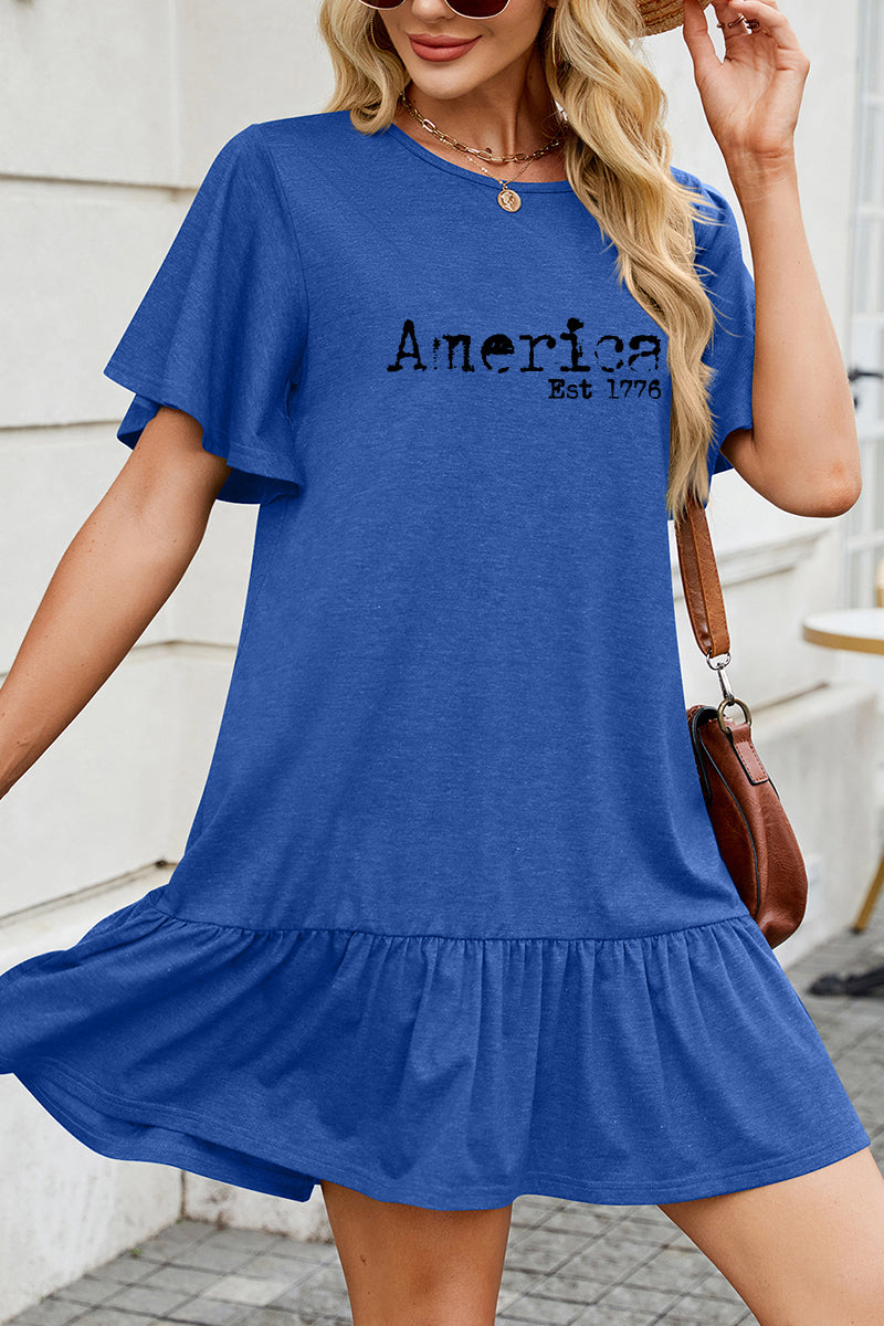 America Graphic Cotton Dress Casual Ruffle Holiday