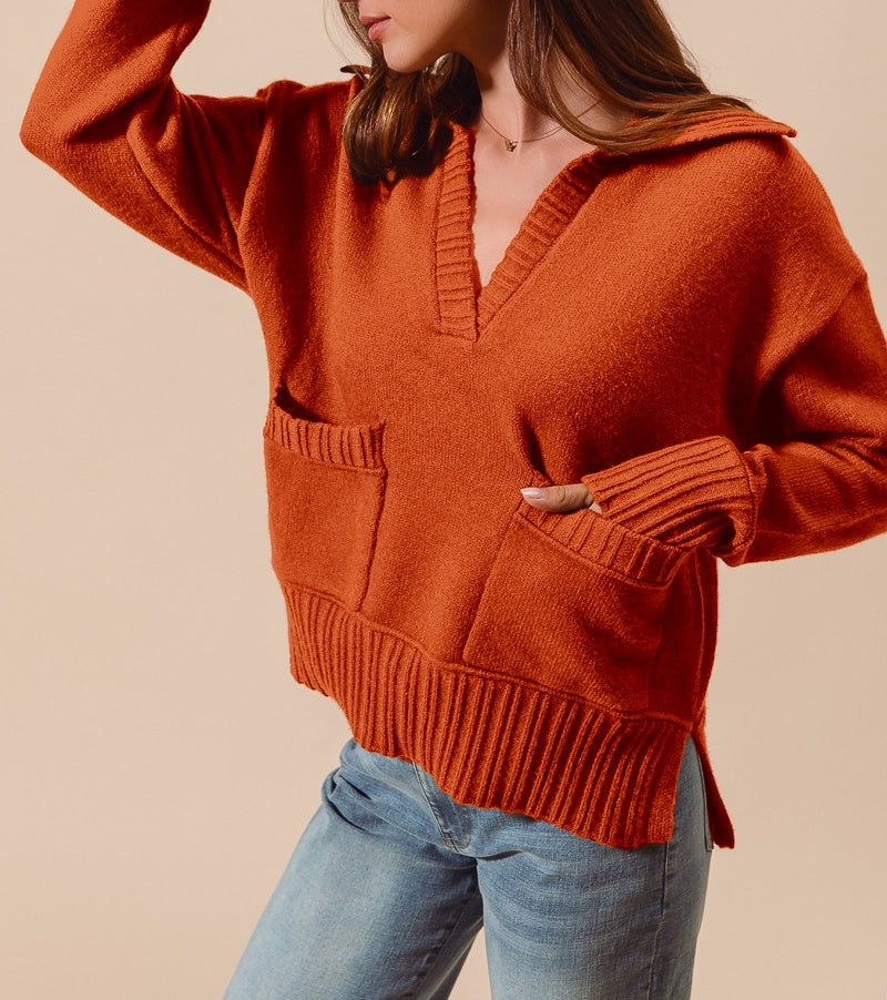 Fall V Neck Knit Sweater with Collar and Pockets
