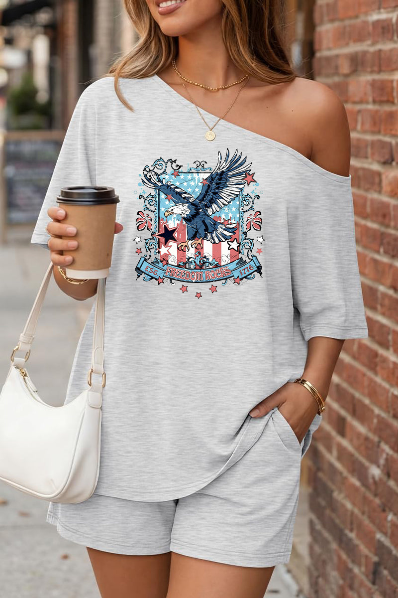 Independence Day Eagle Graphic Off Shoulder Summer Set