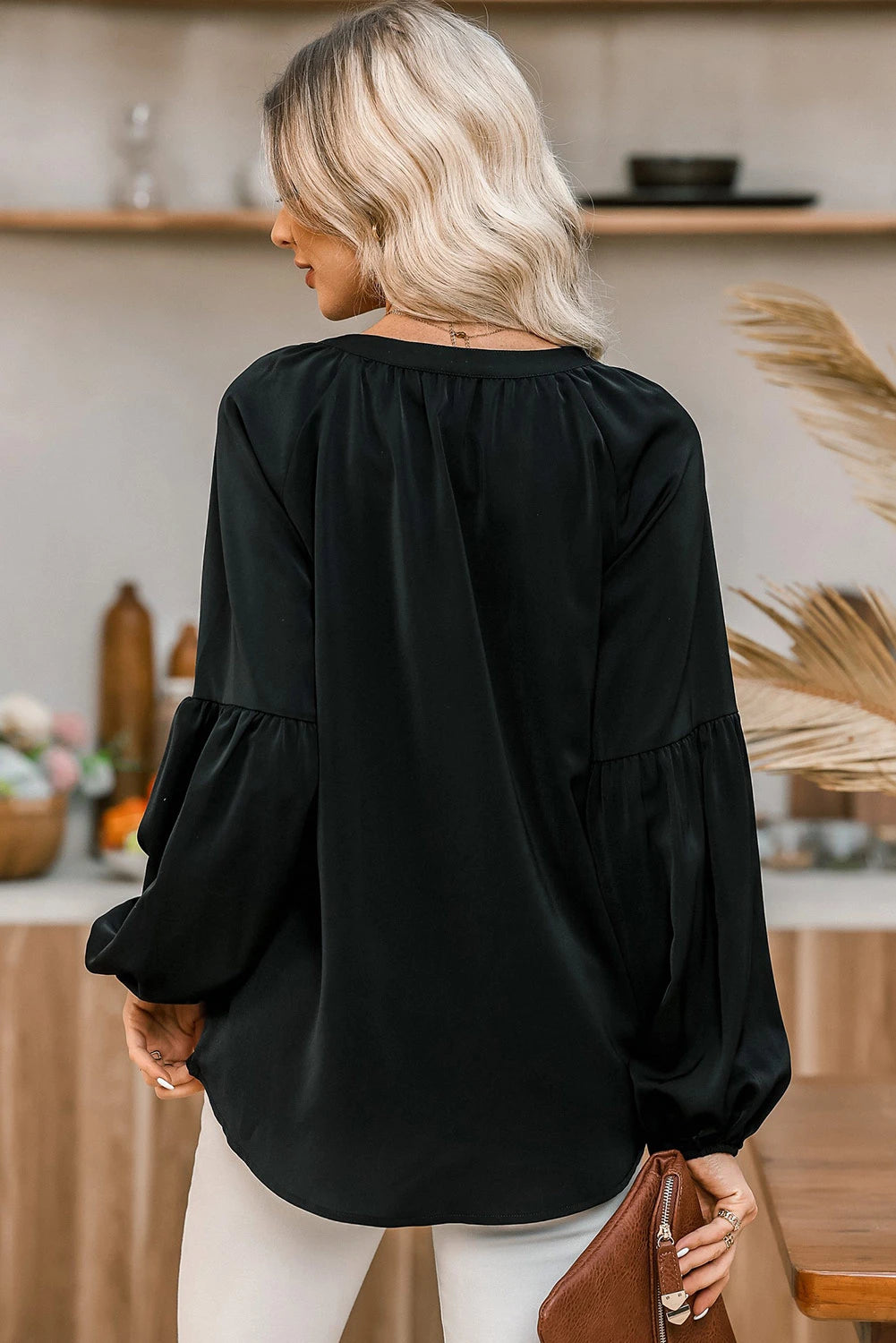 Black Fiery V Neck Long Puff Sleeve Top
