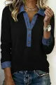 Ribbed Knit Contrast Denim Patchwork Hooded Long Sleeve Top
