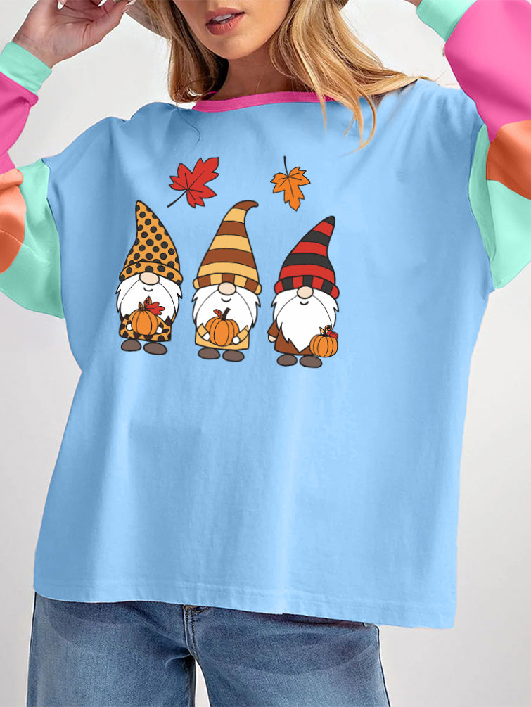 Autumn Thanksgiving Pumpkin Color Block Long Sleeve Tee