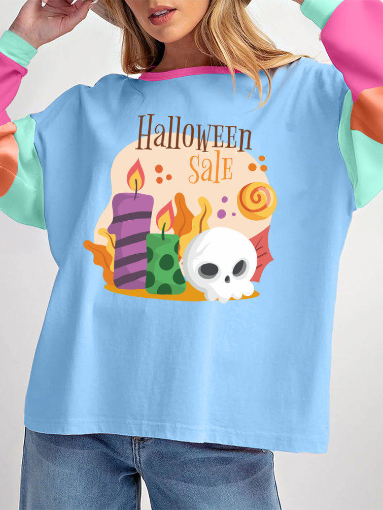 Halloween Sale Skull Candle Color Block Long Sleeve Tee