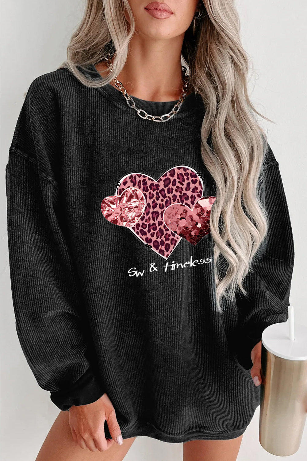 Valentine's Day Leopard Heart Sequin Black Corduroy Sweatshirt