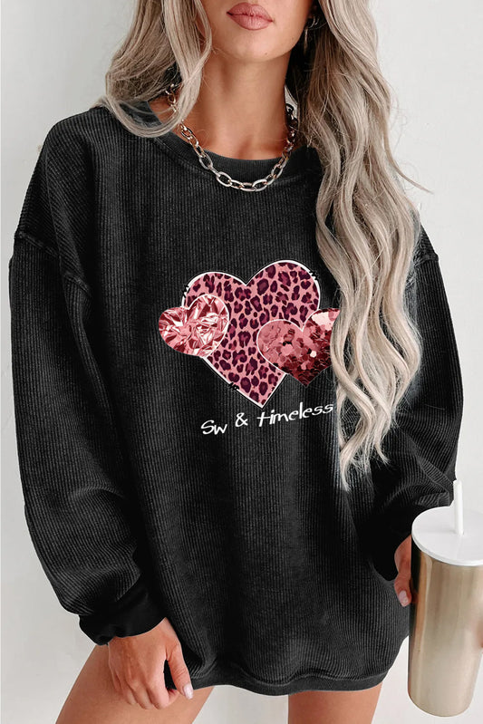 Valentine's Day Leopard Heart Sequin Black Corduroy Sweatshirt