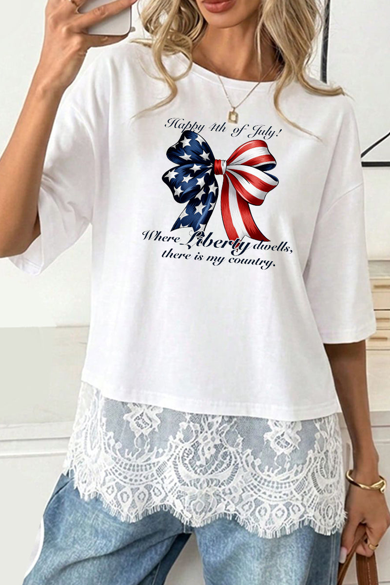 Patriotic Polyester Tee USA Bow 4th July Independence Top
