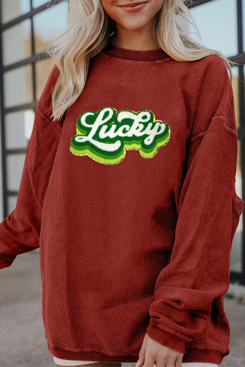 Saint Patrick’s Day Lucky Chenille Graphic Corded Sweatshirt