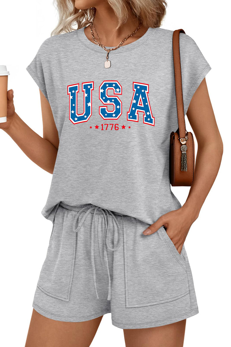 USA Letter Graphic Tee and Drawstring Shorts Set Fourth of July Casual Outfit