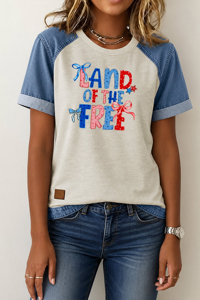 Letter Print Denim Patchwork Tee Casual