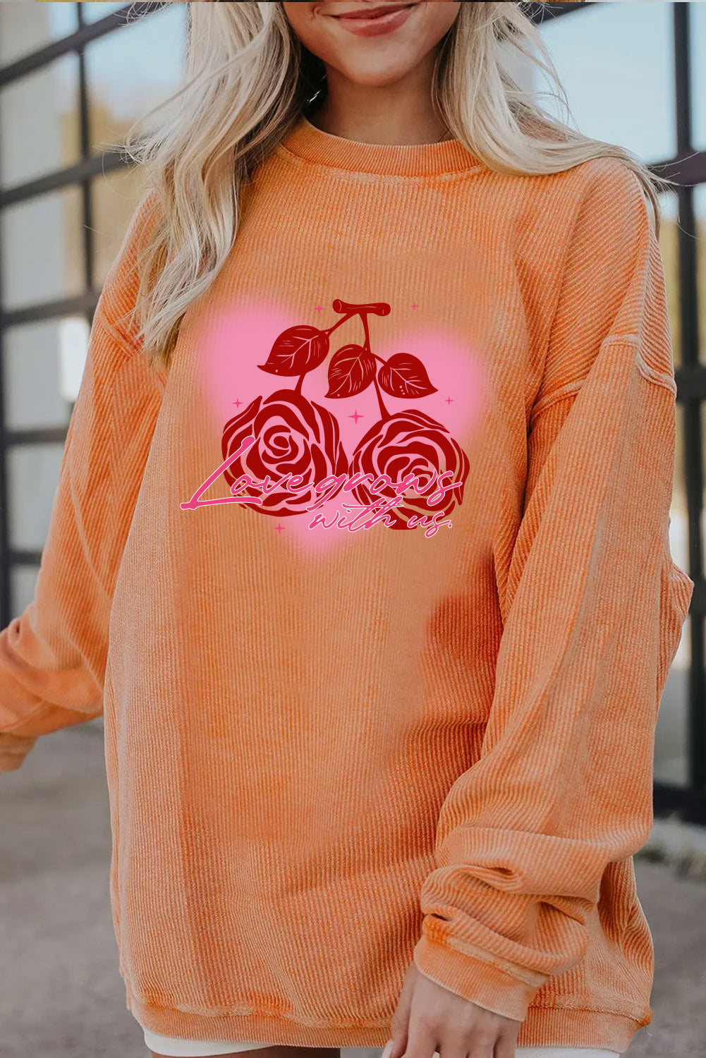Valentine Rose Heart Corduroy Ribbed Oversized Sweatshirt