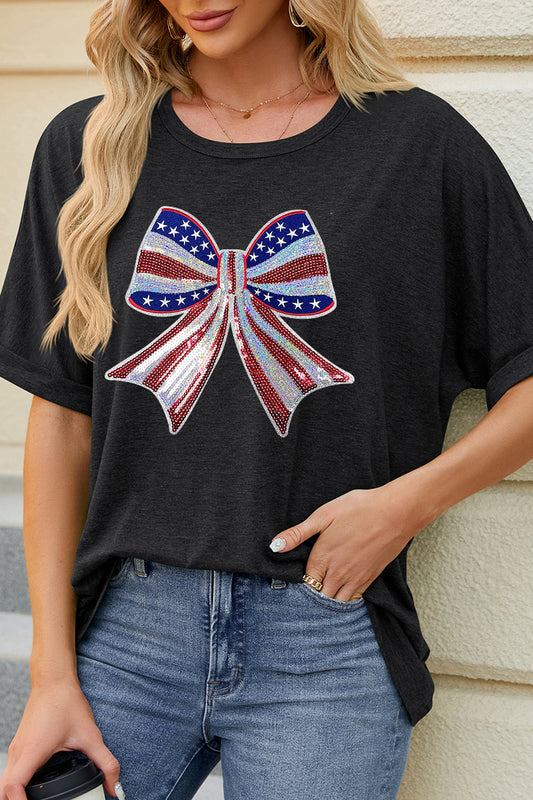 American Flag Bow Graphic Loose Fit T Shirt