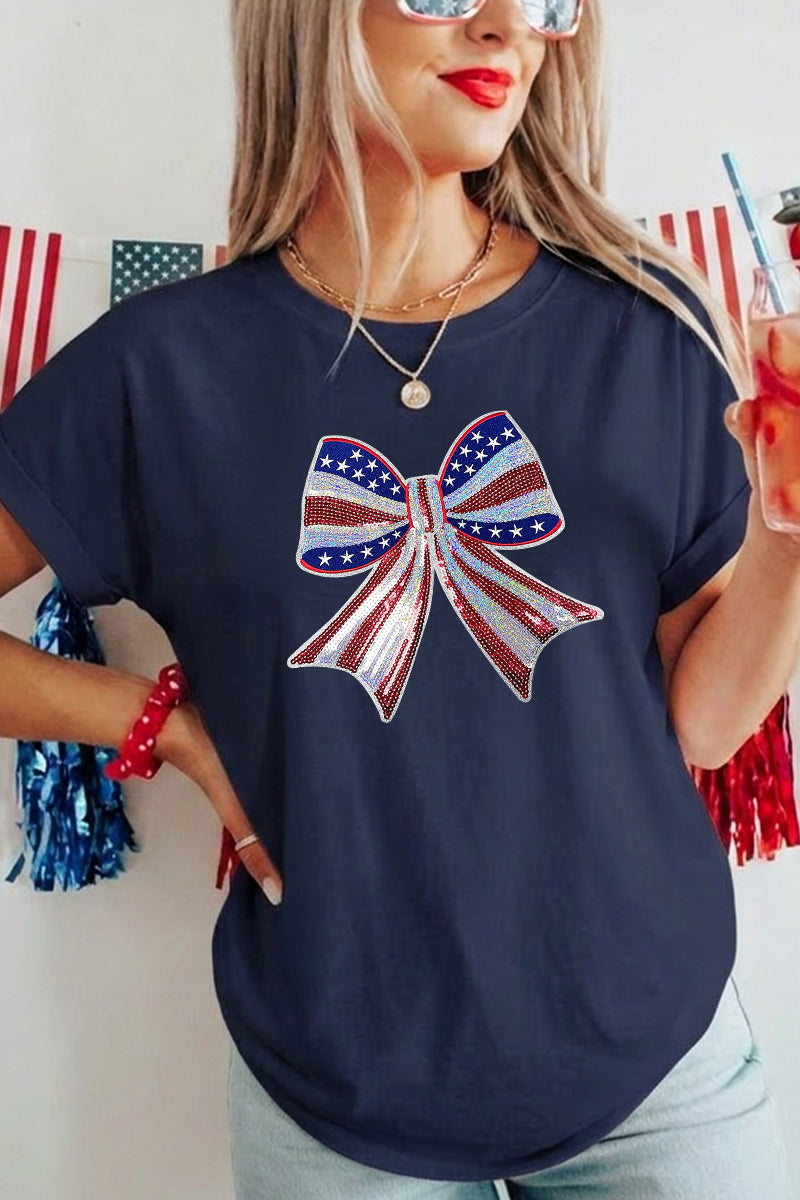 4th of July Bow Graphic Tee Women Patriotic Top