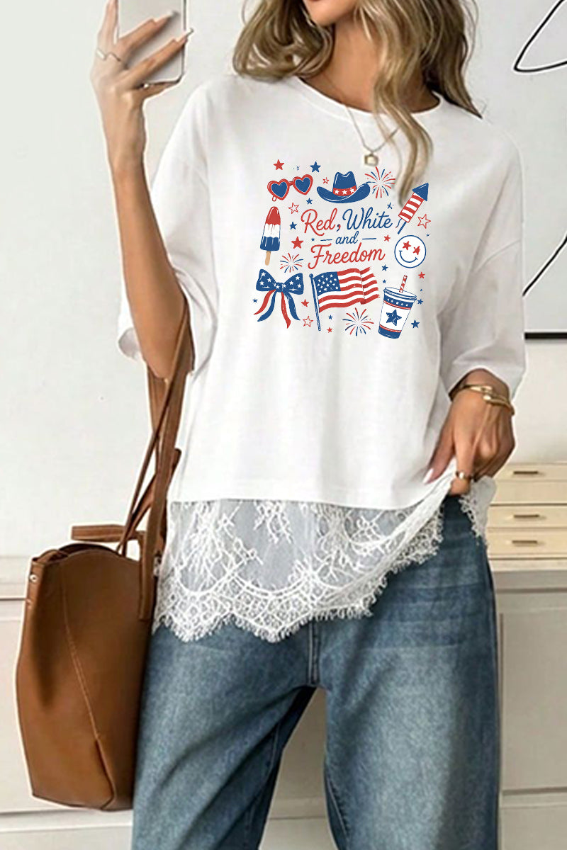 Patriotic Polyester Tee Red White Freedom 4th July Top