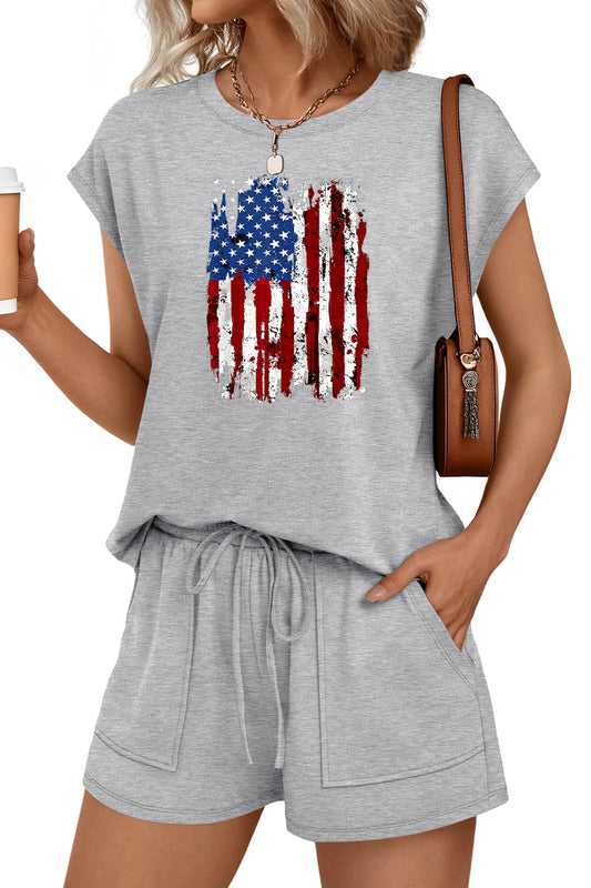 Patriotic Flag Graphic Top and Shorts Two Piece Set