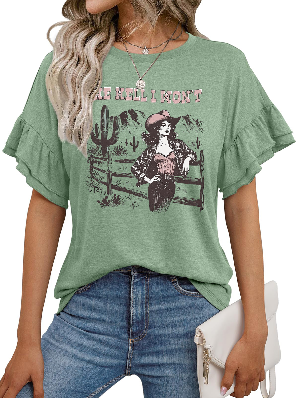 Western Cowgirl Cactus Graphic Ruffle Sleeve Tee Vintage Top