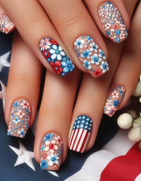 Sky Blue American Flag Flower Print Square False Nails
