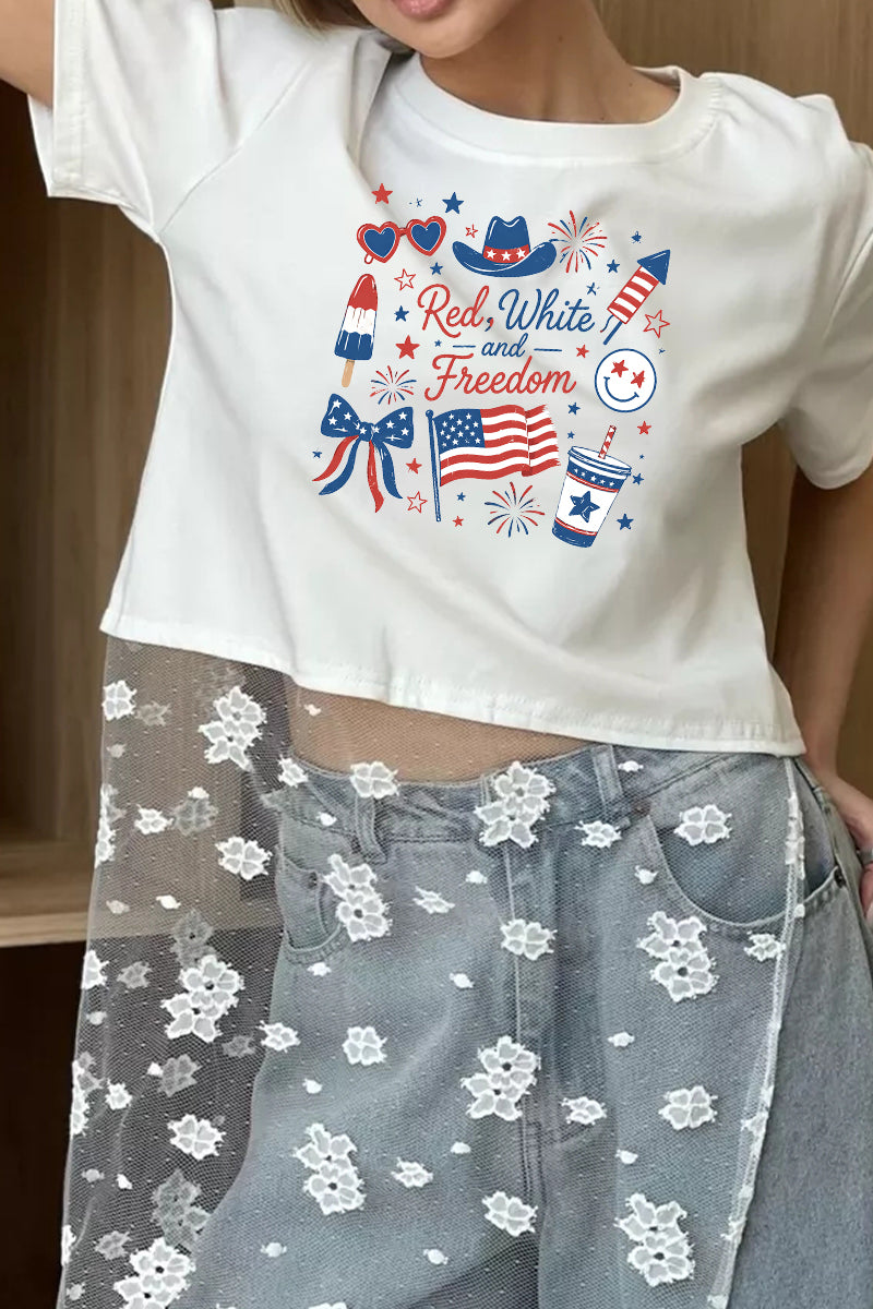 Patriotic Graphic Tee Lace Patchwork Freedom Top