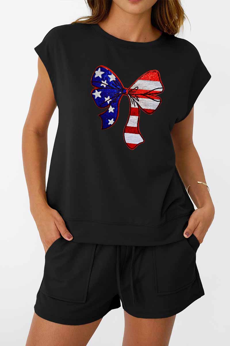 America Bow Tee Shorts Set Patriotic Independence Day Outfit