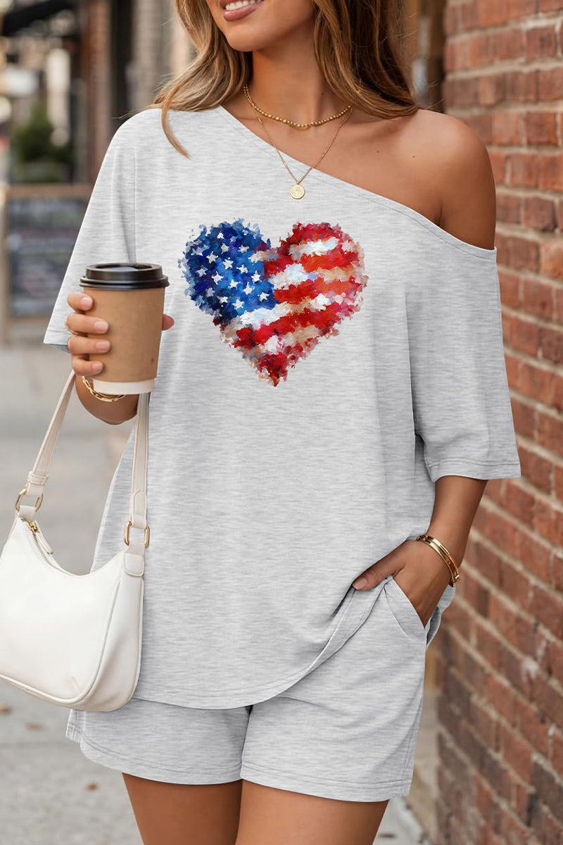 USA Heart Off Shoulder Short Sleeve Summer Top Set