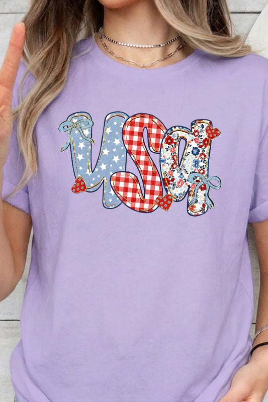 USA Plaid Patchwork Graphic Tee Women Patriotic Top