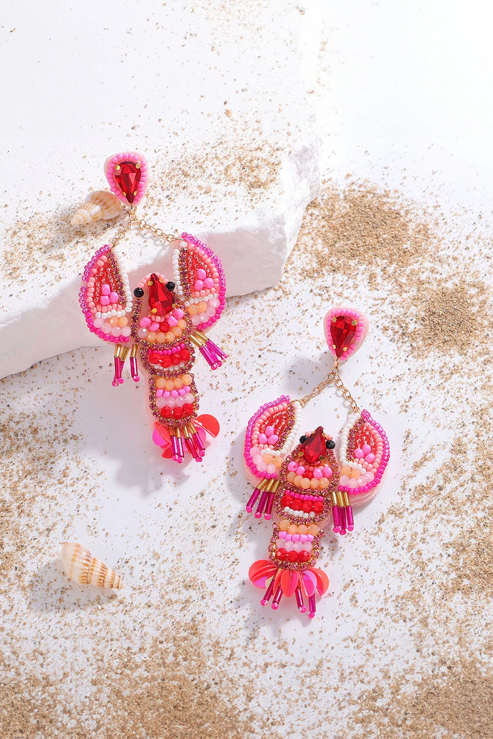 Rose Red Crystal Gem Beaded Crayfish Earrings