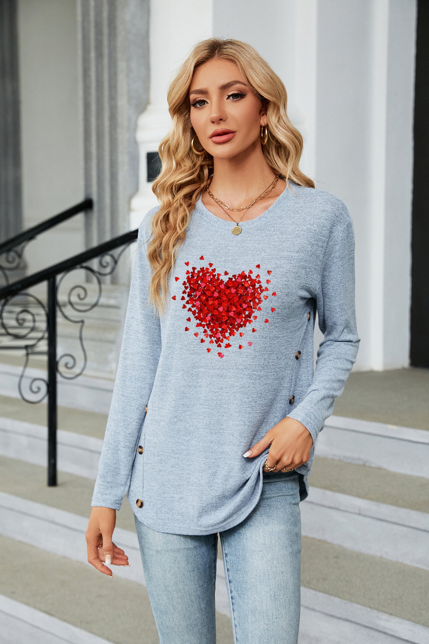 Valentine's Day Red Heart Pattern Casual Long Sleeve Top