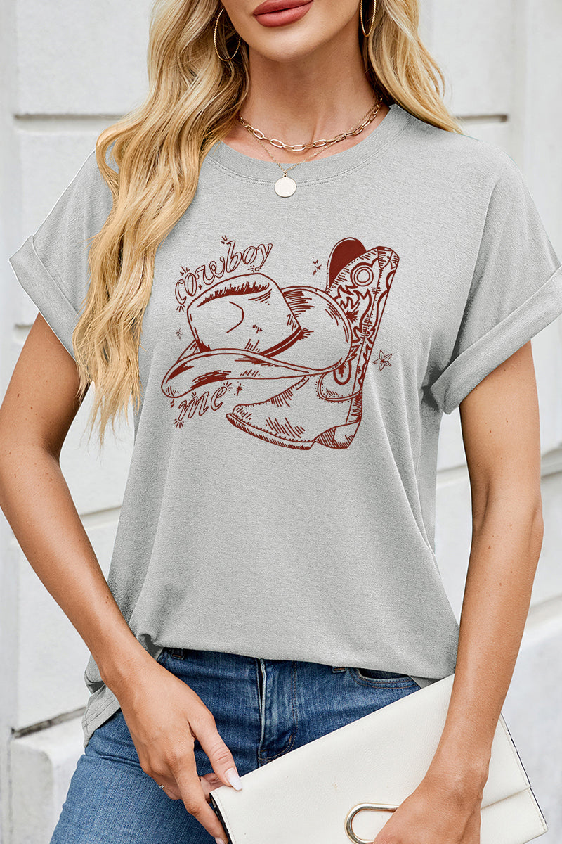 Western Graphic Cap Sleeve Loose Fit Casual Tee Top