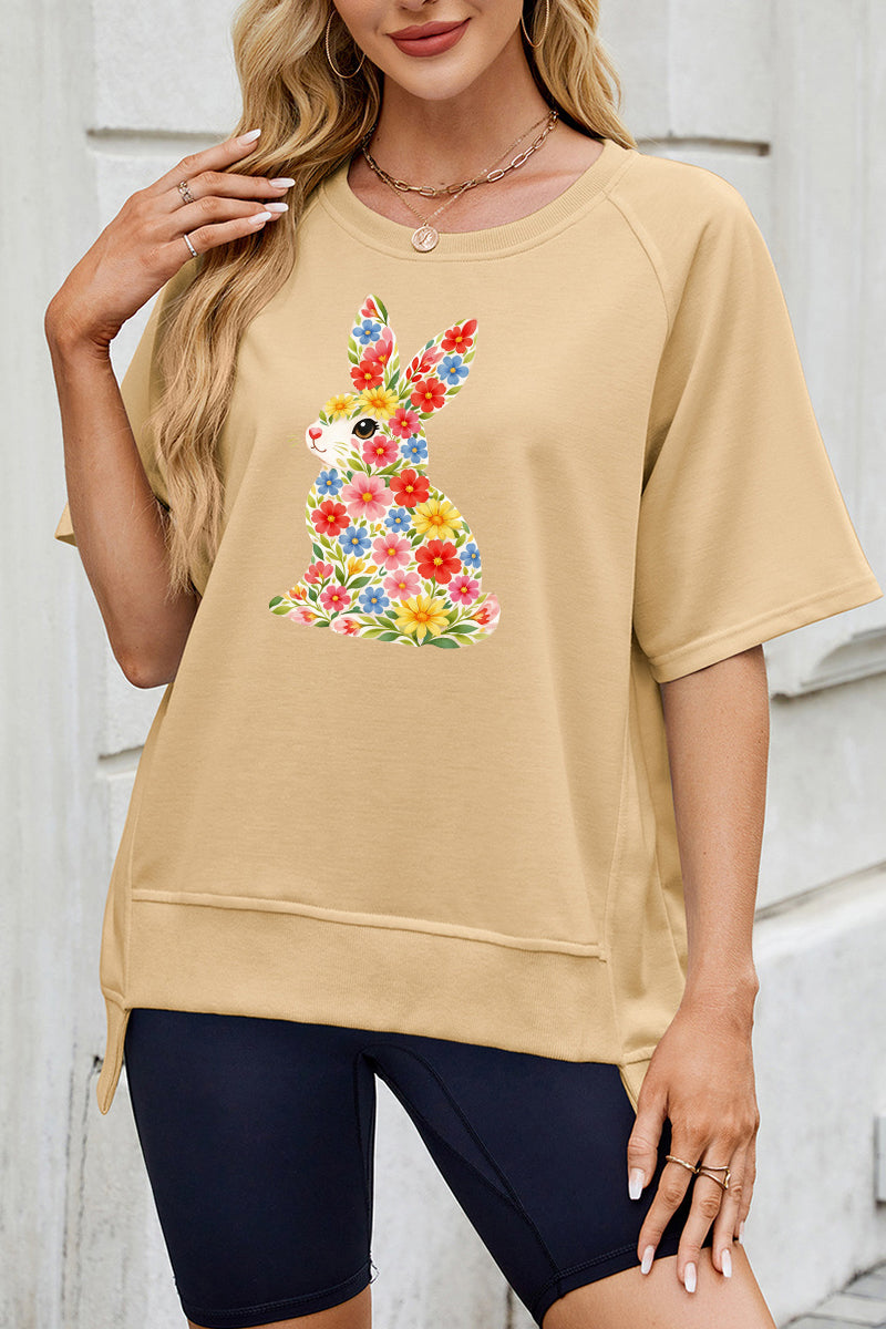 Floral Easter Bunny Graphic Tee Women Spring Casual Top