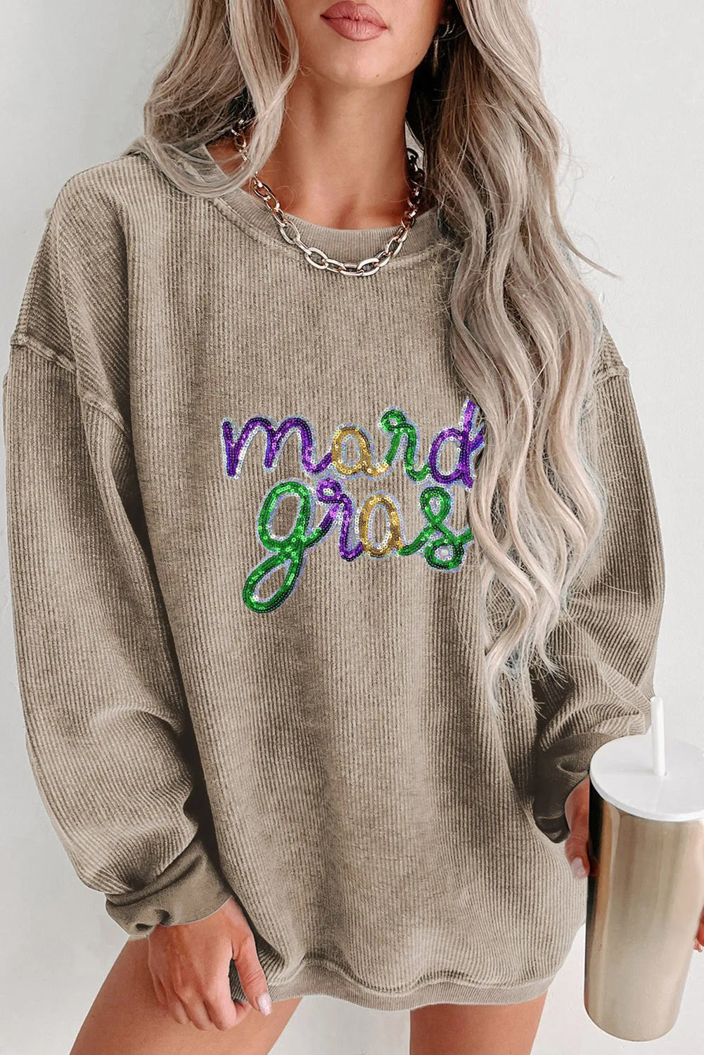 Mardi Gras Sequin Graphic Washed Pullover Sweatshirt