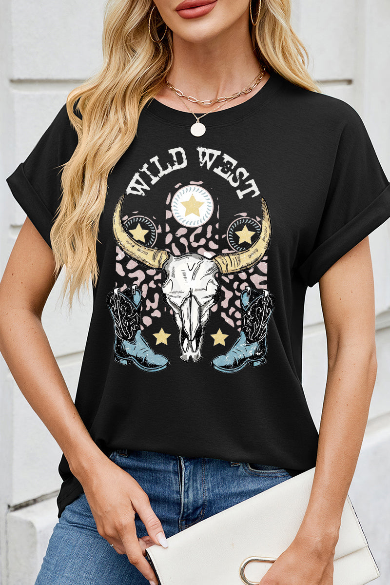 Wild West Graphic Tee Bull Skull Boots Cowgirl Shirt